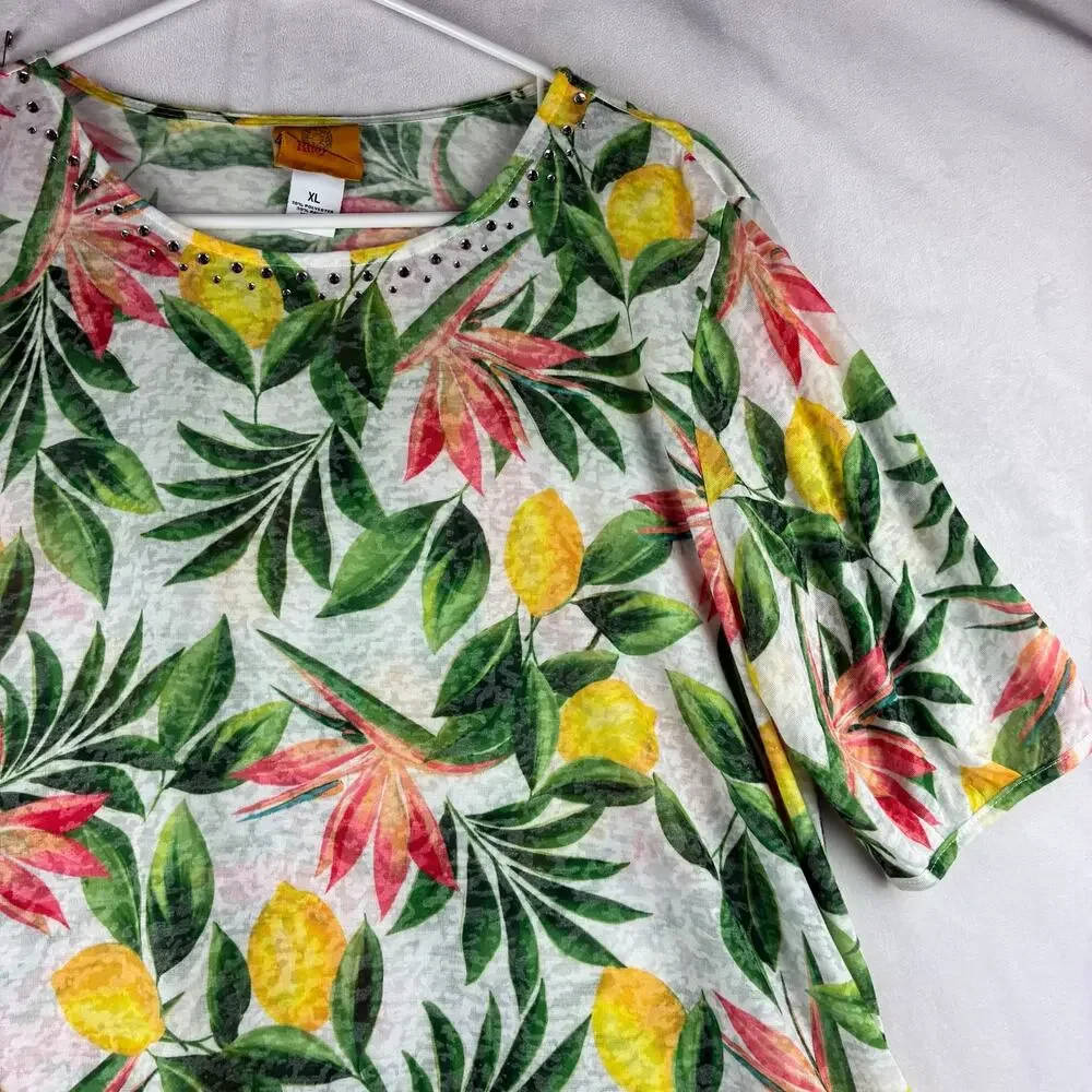 Ruby Rd Short Sleeve T-Shirt Top Women's XL Yellow Lemon Tropical Floral Resort